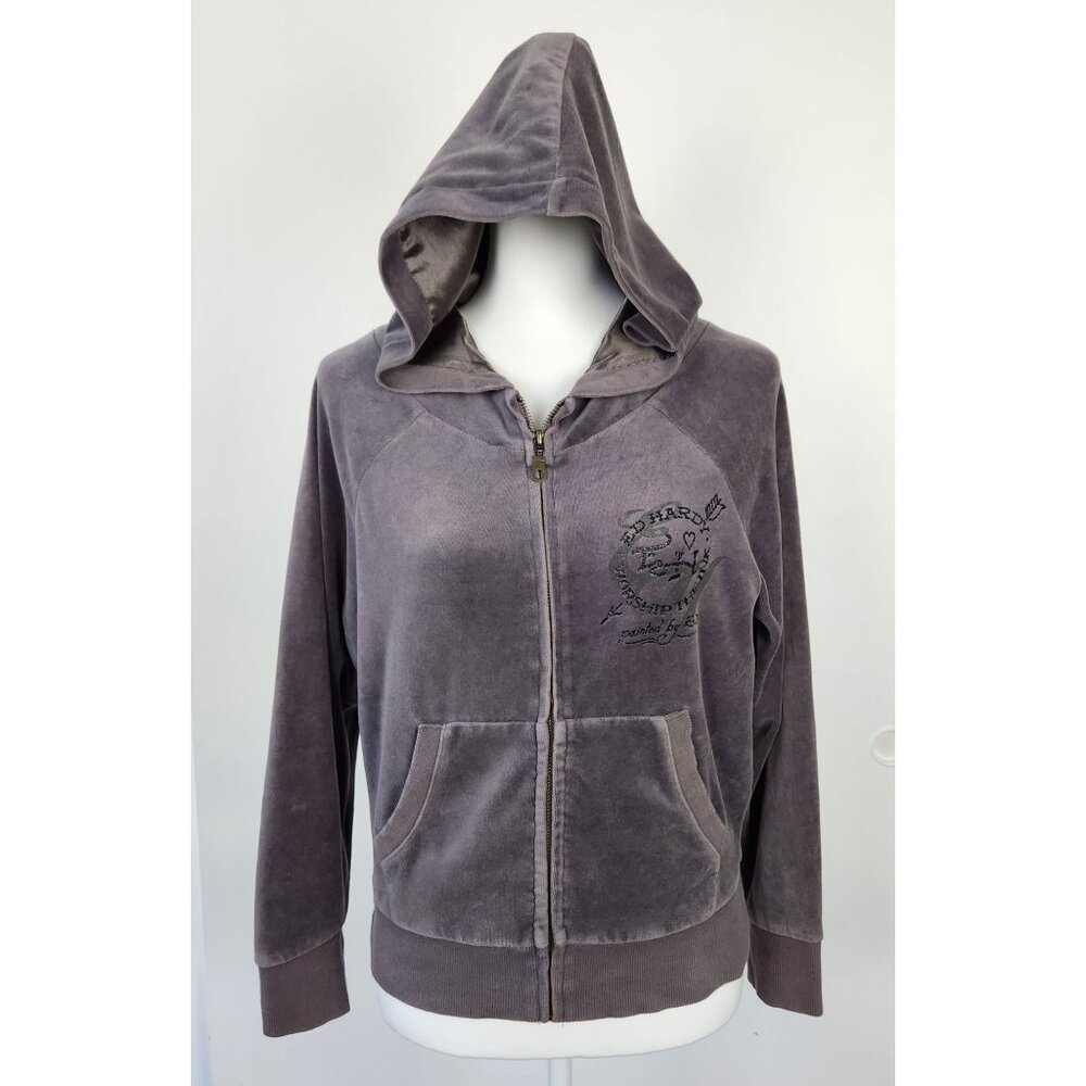 Vintage Y2K Women's Ed Hardy Tattoo Art Purpleish Gray Velour Hoodie, Small